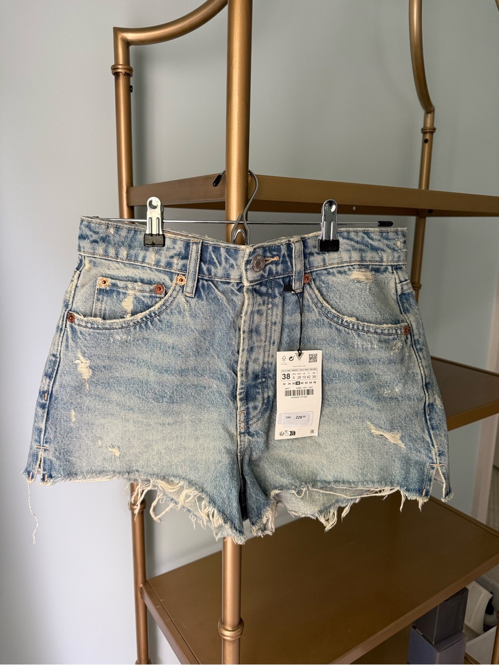 Zara Light Blue Distressed Denim Shorts